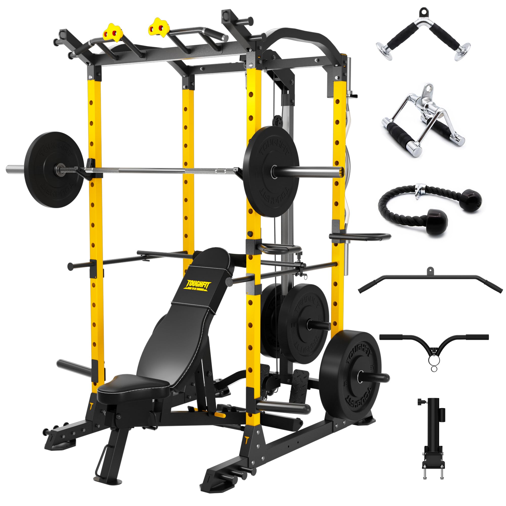 2024 Upgraded T2 Power Cage Muti-Function Power Rack with Lat Pulldown System Squat Rack with Weights and Bar Set for Home Gym with Unique Training Attachment