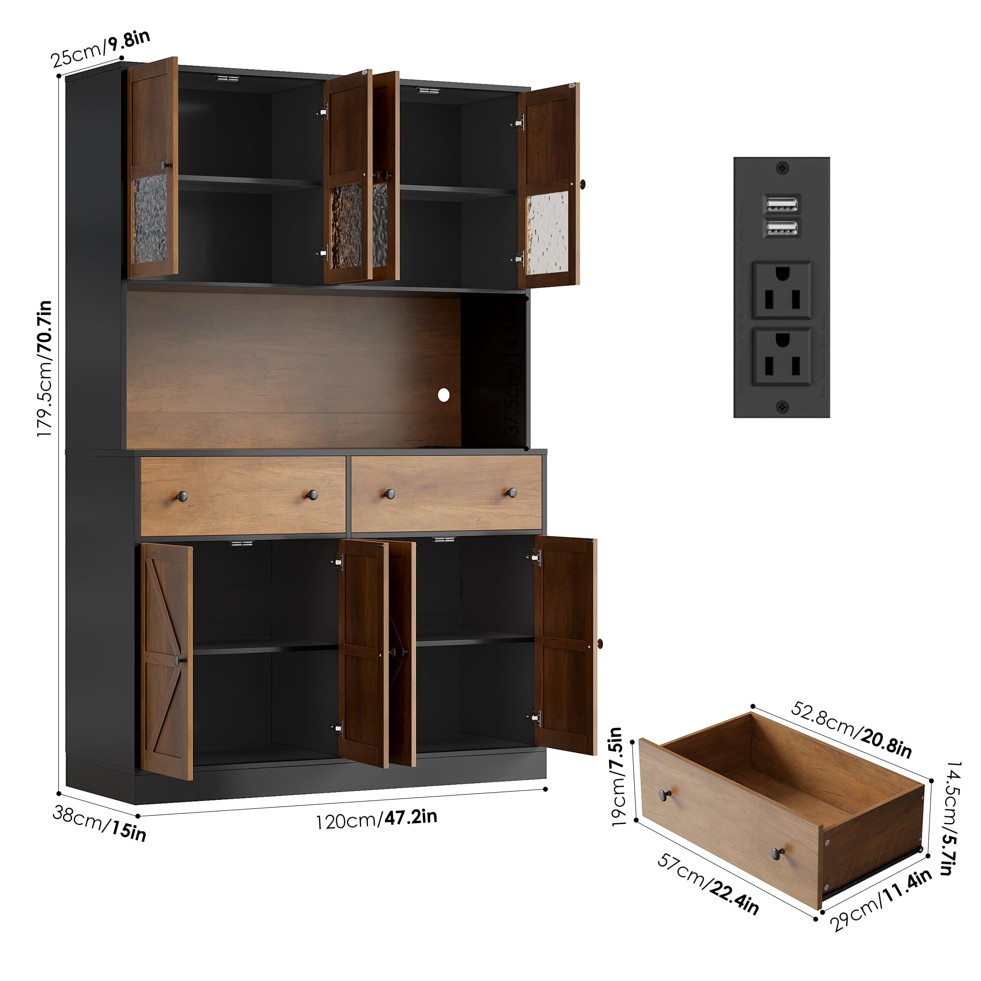 FINETONES Pantry Cabinet With LED Lights & Outlets - 71" Tall, Microwave Stand, Drawer, White