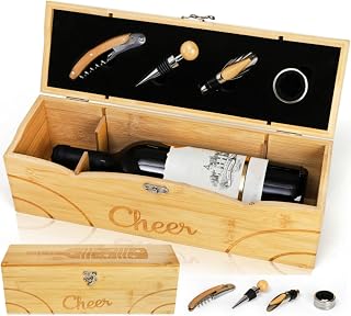 14" Wine Gift Box, Bamboo Wine Present Case, Single Bottle Storage with 4 Wine Accessories, Wedding Party Wooden Wine Carrier Tote Set for Anniversary Christmas Holiday Travel