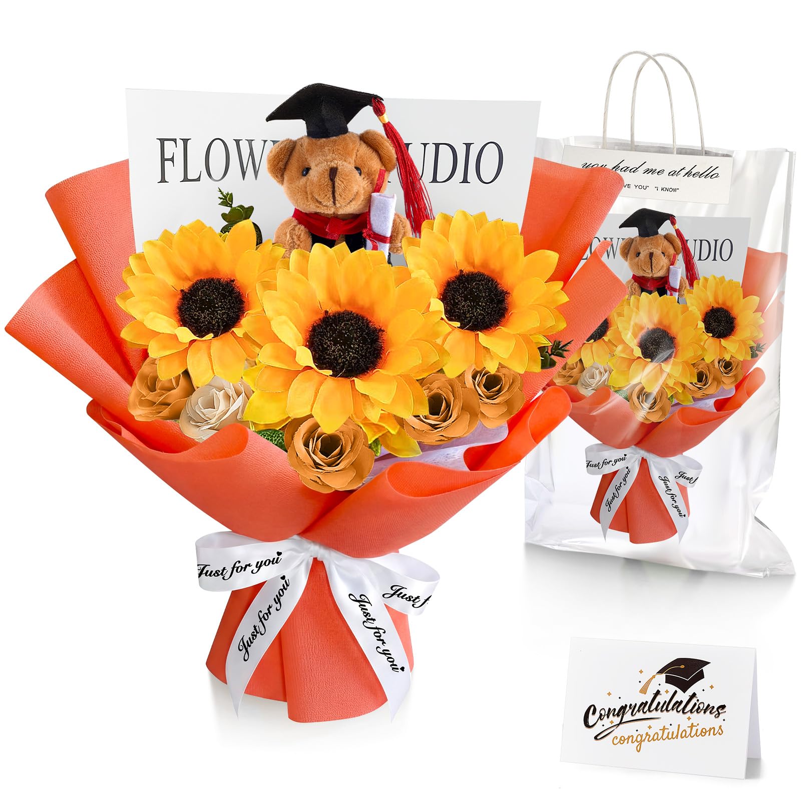 Bouquet de fleurs d'ours de remise de diplôme unique avec carte et sac cadeau chic