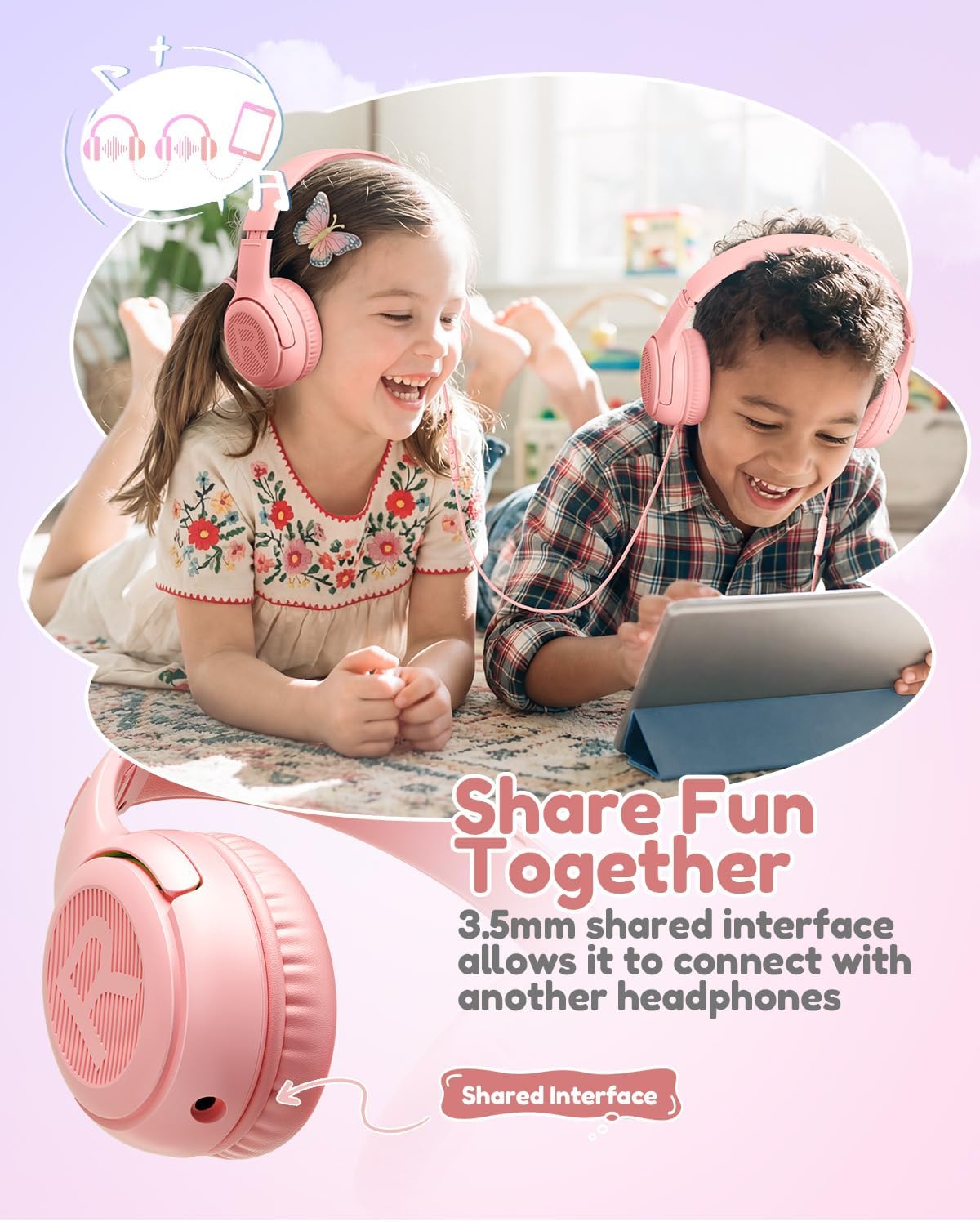 Kids Headphones with Microphone Foldable Stereo Tangle-Free 3.5mm Jack Wired Cord On-Ear Headset for Children/Teens/Boys/Girls/Smartphones/School/Kindle/Airplane Travel/Plane/Tablet (Pink)