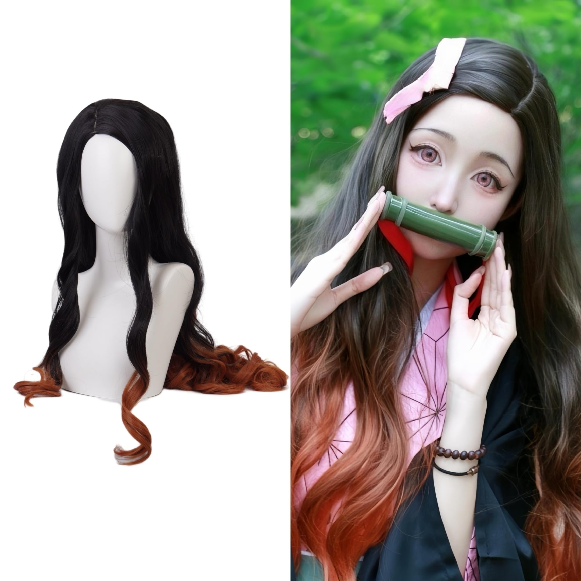 Aadesso 90 cm/35.4in Nezkou wig - anime 鬼滅 Gradual Hair Dyeing Hairstyle Heat Resistant Synthetic Hair Halloween with pink ribbon