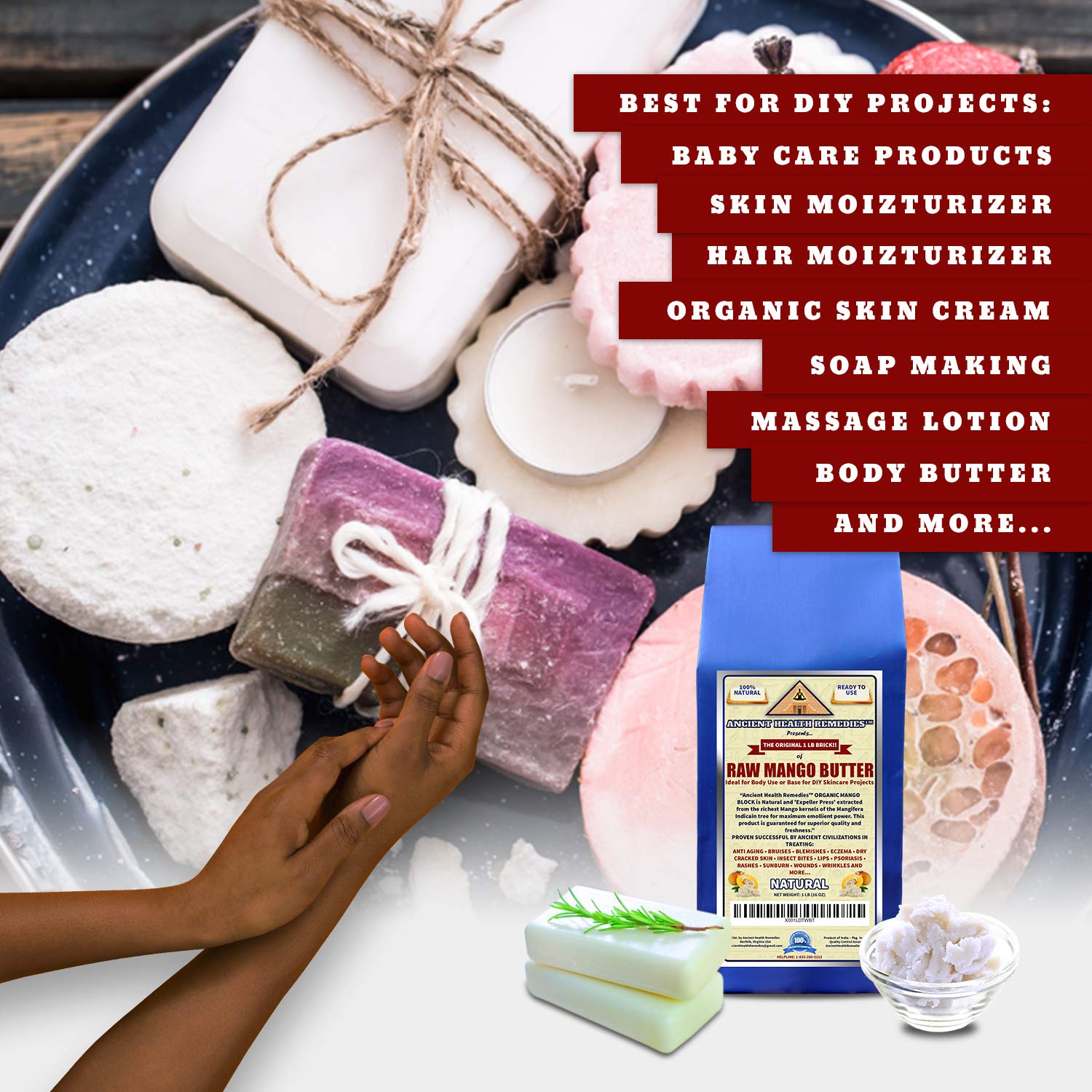 Ancient Health Remedies Organic Unrefined Raw MANGO BUTTER 1 LB (16 oz) BLOCK Bulk, Light Mango Aroma, Non-Greasy Base for Beauty, Skin Moisturizing, DIY Base for Body Butters & Hand Cream (INDIA) - Image 4