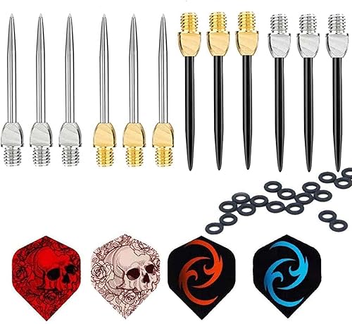 4 puntas de dardos de acero de estilo, 12 piezas, 12 vuelos de dardos y 20 arandelas de anillos de dardo  Puntas de acero de repuesto de 2ba para
