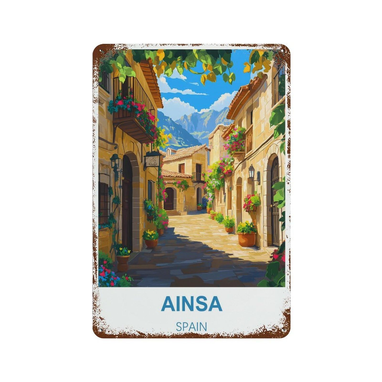 Ainsa Spain Retro Design Tin Painting Vintage Tin Sign 08x12inch(20x30cm) Wall Art for Home Office Bedroom Living Room Cafes Wall Decor
