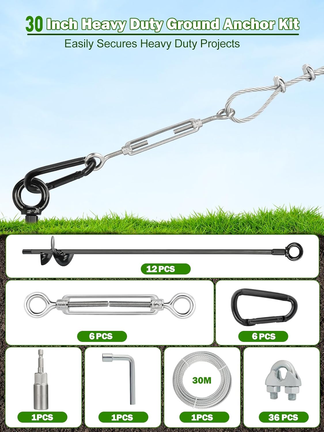 4 Pcs 30 Long Ground Anchors Shed Anchors Kit with 3/16 Galvanized Cable Turnbuckles Carabiners, Heavy Duty Earth Anchors for Sheds Trees Trampoline Greenhouse Swing Set Tent 4 Pcs 30 Long Ground Anchors Shed Anchors Kit with 3/16 Galvanized Cable Turnbuckles Carabiners, Heavy Duty Earth Anchors for Sheds Trees Trampoline Greenhouse Swing Set Tent