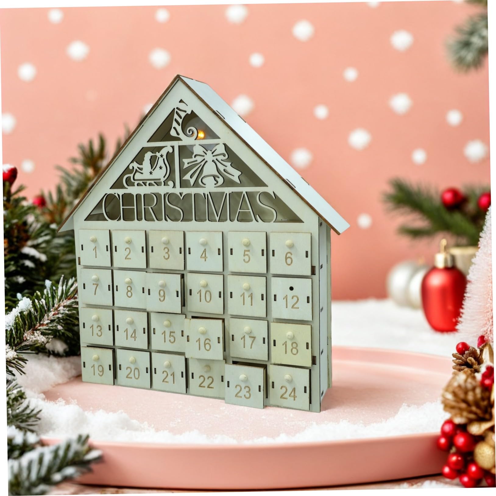 Lurrose Calendario Avvento Natale in Legno Casa Natalizia LED Giorni Calendario Avvento Compilabile Decorazione da Tavolo per Feste Invernali