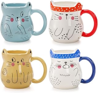 yarlung 4 Pack Cat Mug with Handle, 12 Oz Ceramic Coffee Mugs Set Cute Cartoon Mug Novelty Gift for Thanksgiving Day, Christmas, Cat Lovers, Party, 4 Designs