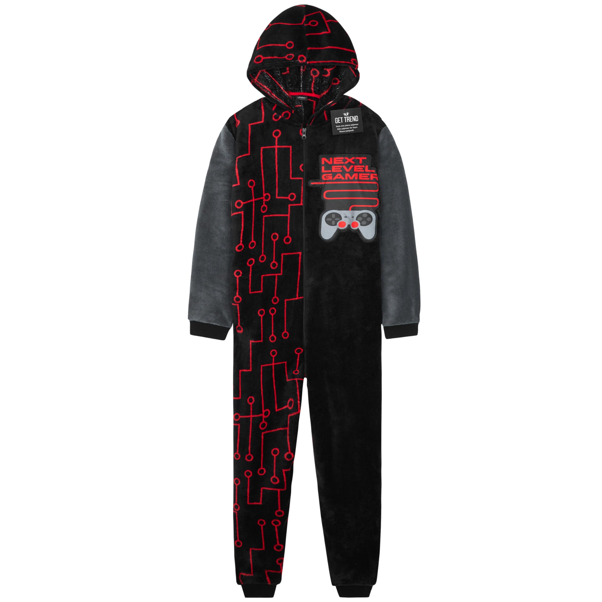 Get Trend Fleece Onesie for Boys Teens, Hooded Loungewear Warm Pyjamas, Gaming Cosy Jumpsuit Nightwear, Gamer Gifts for Boys (7-8 Years, Black Gaming)