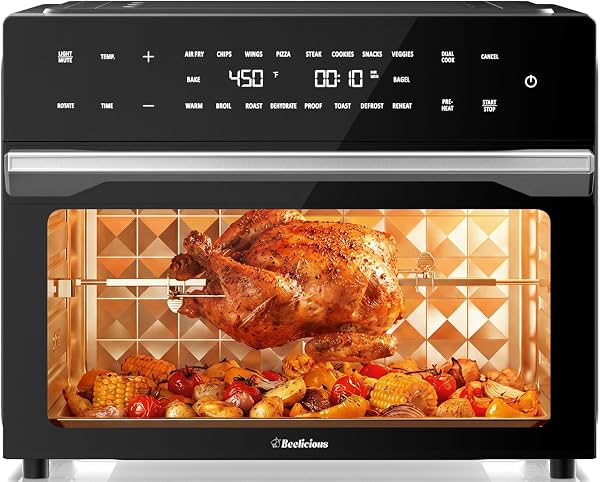 Freidora de aire Beelicious 32QT extra grande, horno tostador combo 19 en 1 con rotisserie y deshidratador, freidora de aire de convección digital para encimera, apta para pizza de 13", 6 accesorios, 1800W, negro
