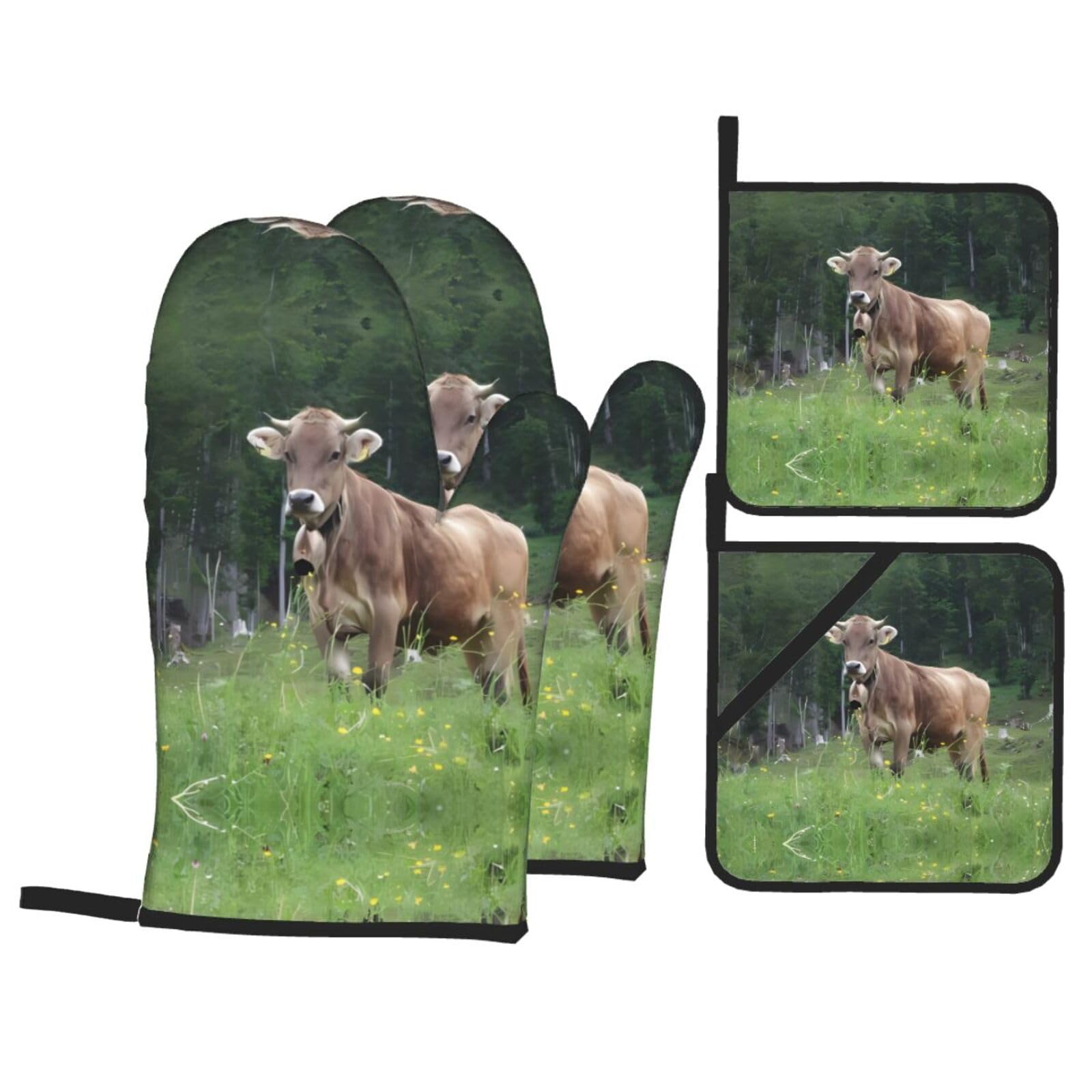 WHJSSF Real Swiss Cow Brown Prints Kitchen Baking Set - 4-Piece Heat Protection Layers with Waterproof Potholders for Oven, Grill & Serving