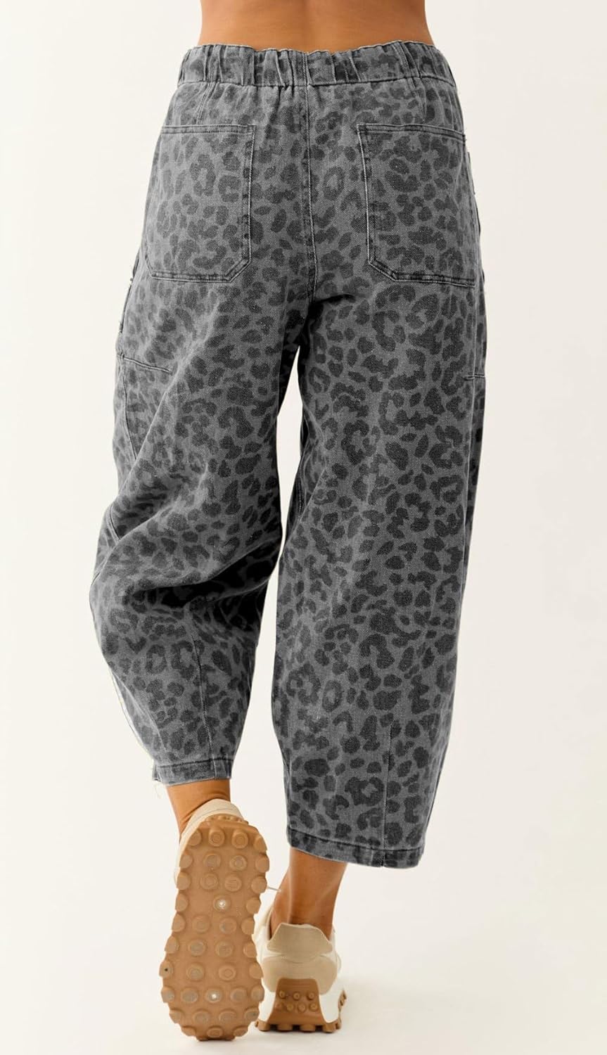 loveimgs Women Loose Leopard Print Cropped Denim Pants Barrel Jeans Elastic Waist Cheetah Wide Leg Harem Pants