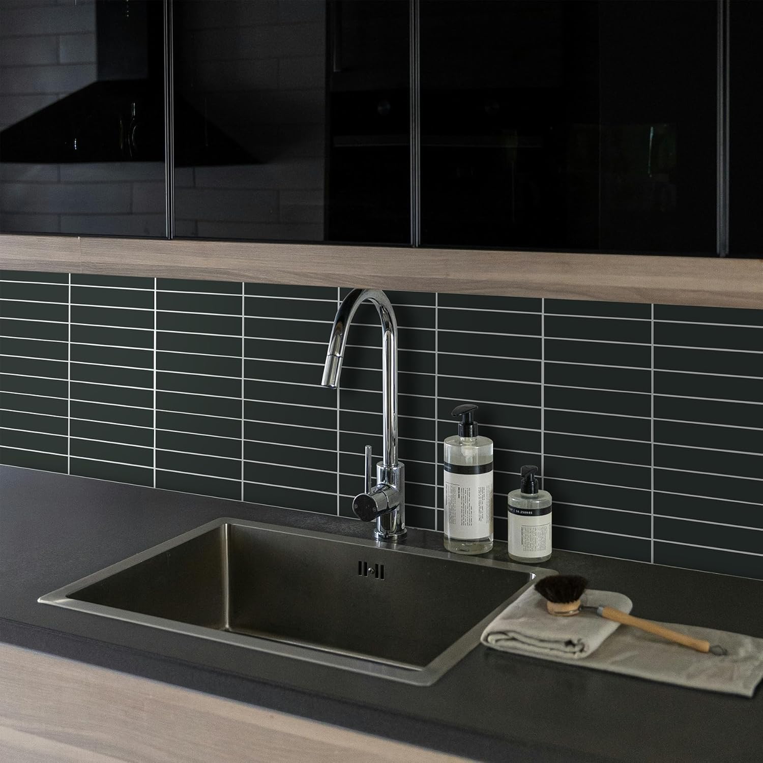 HOMEART Dark Green Peel and Stick Backsplash, 6-Sheet Self Adhesive Stacked Linear Matte Faux Ceramic Wall Tiles for Kitchen Bathroom (12"x12")