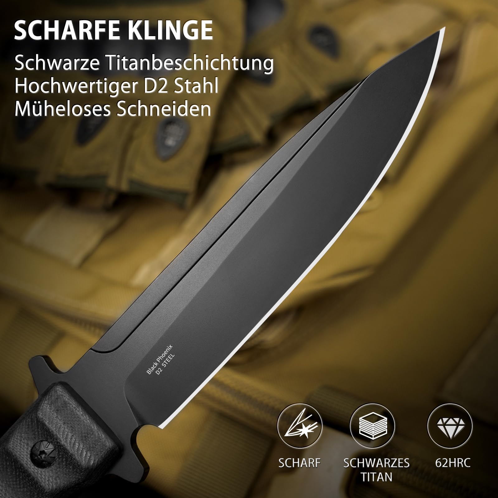NedFoss BLACK PHOENIX Jagdmesser 42a Konform, 8.5cm D2 Stahl Full Tang Survival Messer mit Verstellbarer Clip & G10 Griff, Outdoor Messer mit Kydexscheide, Legales EDC Feststehendes Messer