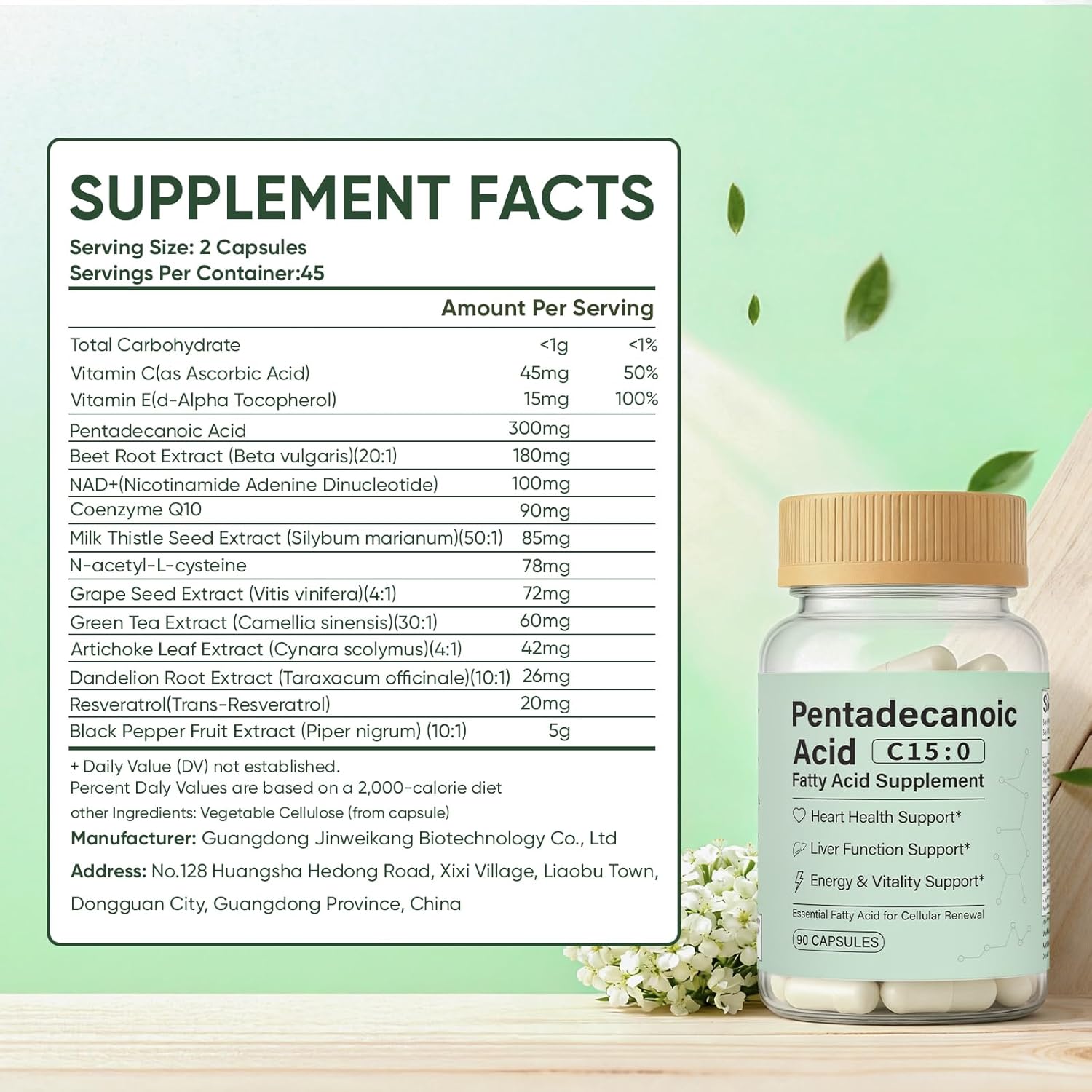 Pentadecanoic Acid, C15:0 Fatty Acid Supplement - 3X Omega 3 Fish Oil, Healthy Aging Supplement for Gut Health, Liver Support, 90 Vegan Capsules