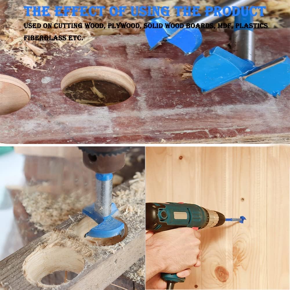 Auniwaig 40mm Dia Forstner Drill Bits Wood Hole Saw Auger Opener Cemented Carbide Round Shank 80mm Length Blue Woodworking Hinge Hole Drilling Boring Bit Cutter 1pcs