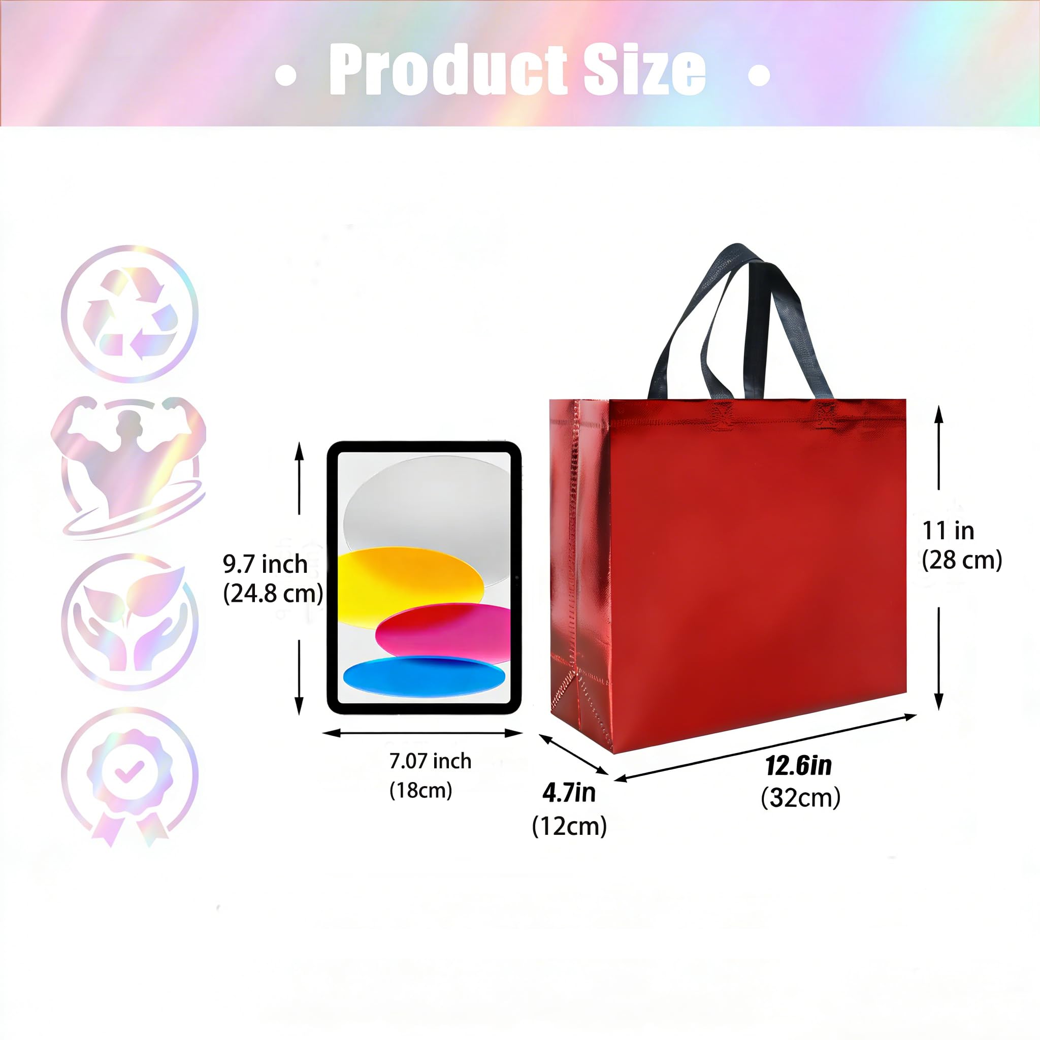 cabzymx 15 Pcs Glossy Red Reusable Gift Bags with Handles, 12.6 x 4.7 x 11 In Party Bags with Sturdy Base, Holiday Goodie Bag Bulk for Birthday, Wedding, Party, Xmas