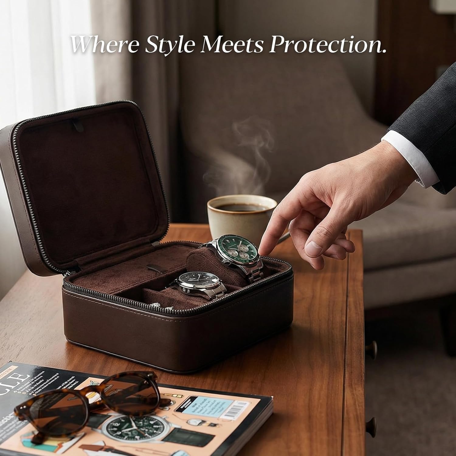 Travel Watch Case for Men, Watch Box with Ring Rolls & Accessory Compartments, PU Leather Portable Men's Jewelry Organizer, Fits up to 50mm Watches, Gift for Him (Large – 2 Slot)