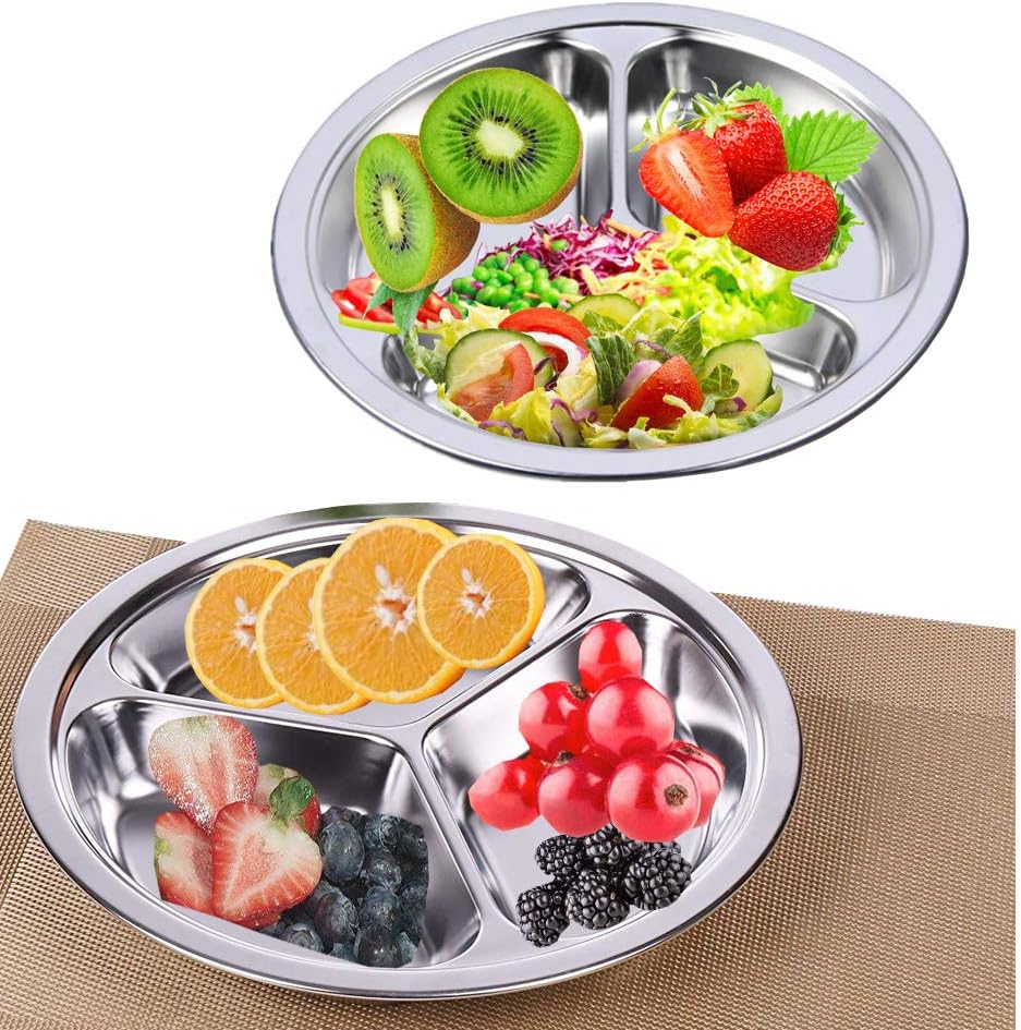 Stainless Steel Dinner Plates 2 Packs 8 Inch Portion Control Divided Plates for Adults Bariatric Weight Loss Diabetic Diet Reusable Camping Serving Round Dinner Plate 3 Compartment image 5