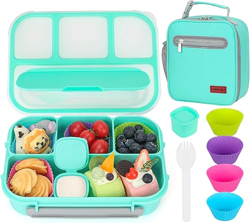 Miniatura 10 de MaMix Lonchera Bento para niños, recipientes para almuerzo para niños y adultos con 4 compartimentos + bolsa de almuerzo, con utensilios, tarro de