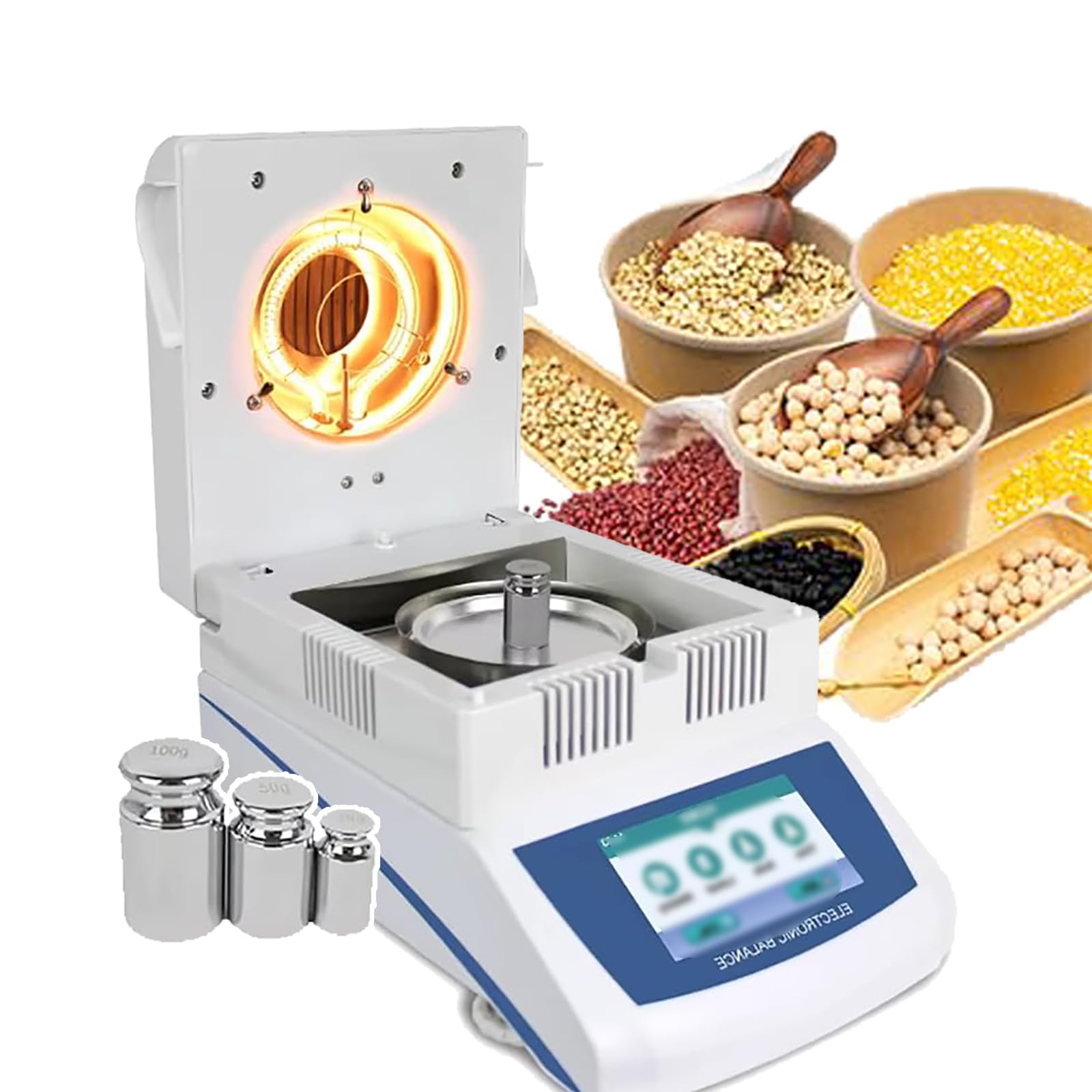 Medidor de humedad de granos con secado halógeno automático y resolución de 0.005g