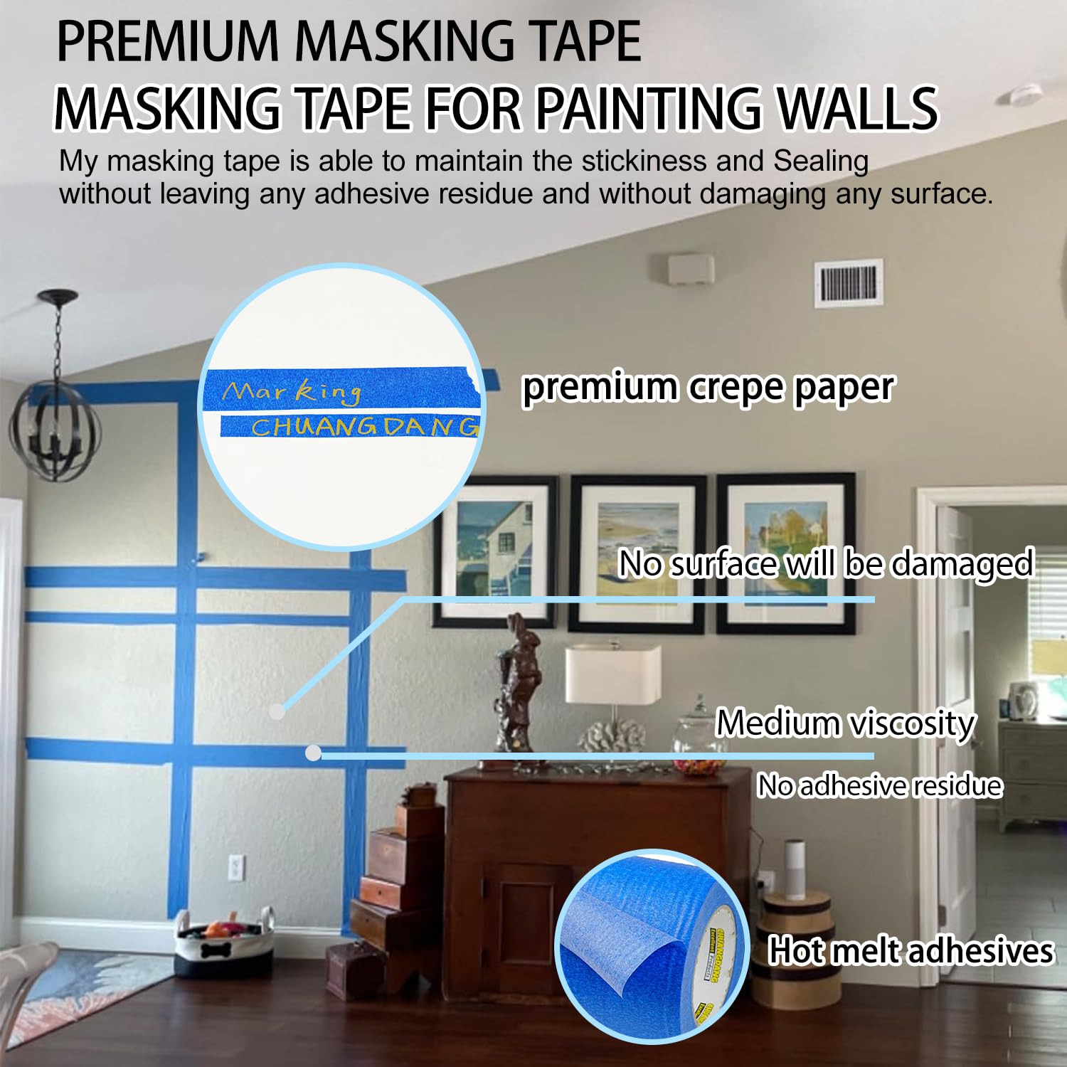 Blue Painters Tape 20rolls,1Inch x 55Yards,Blue Masking Tape,Paint Tape for Wall Painting,DIY Crafts Arts,Painter's,Decoration Labeling,No Residue, Easy Removal