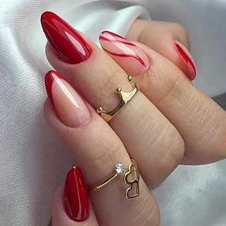 Almond Press on Nails Red French Tip Fake Nails Glossy Nude with Red Line Designs Acrylic Nails Medium Length False Nails Red Waves Line Glue on Nails for Valentine’s Day Women Girls