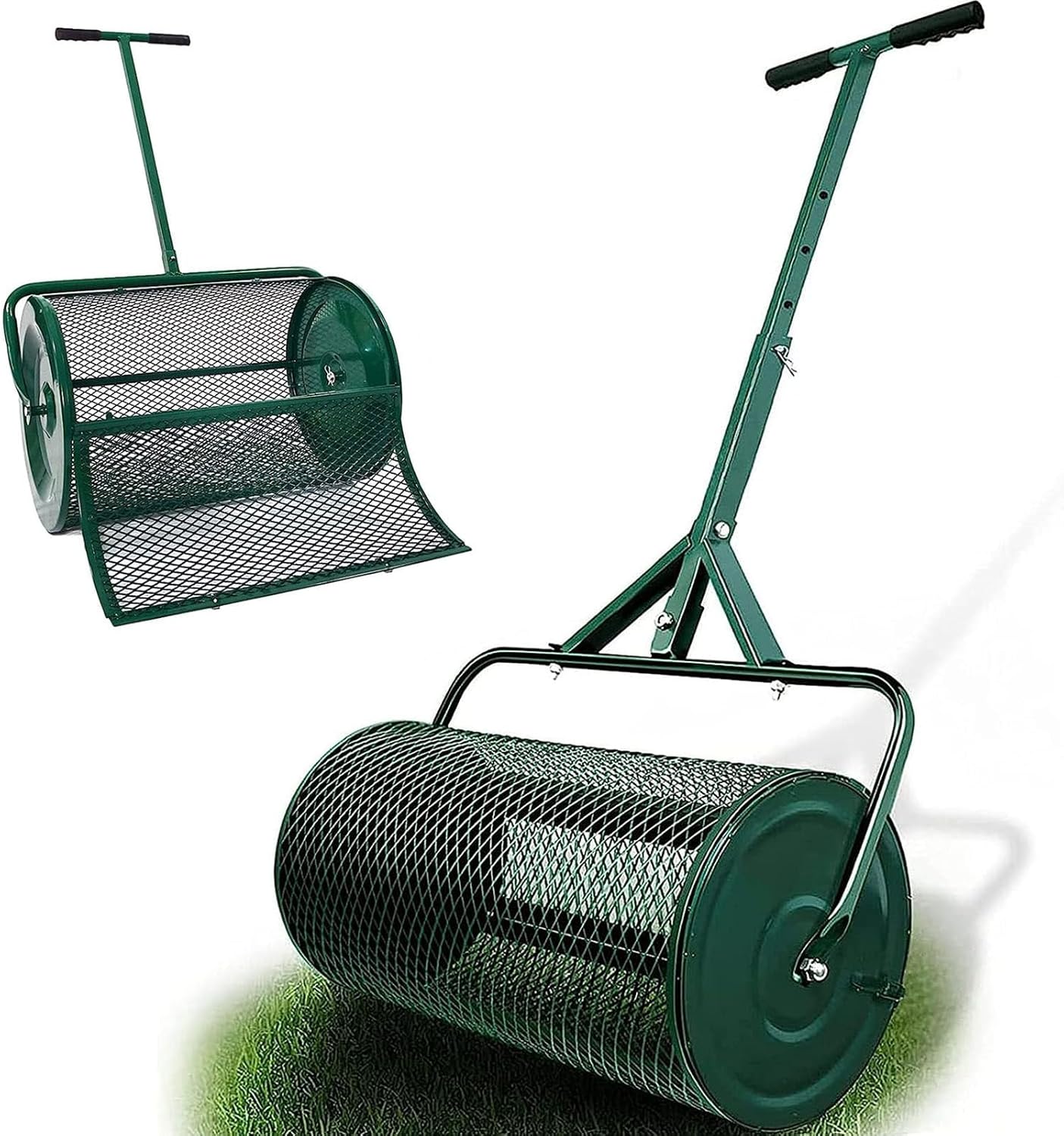Compost Spreader Peat Moss Spreader, Adjustable Handle Planting Seeding Fertilizer Lawns Garden Roller 24 Inch Tow Basket Spreading Seeds Lightweight Dressing Dirt Mulch Soil,Green