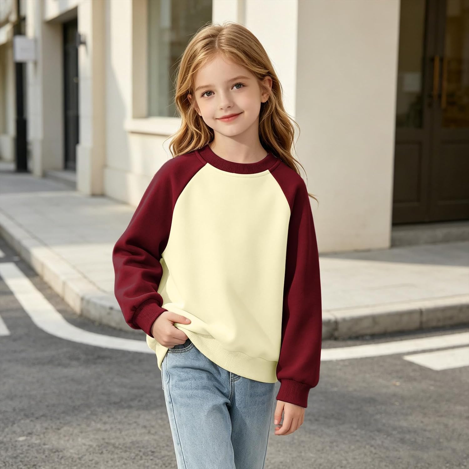 Girls Raglan Sleeve Color Block Crew Neck Sweatshirt Tops