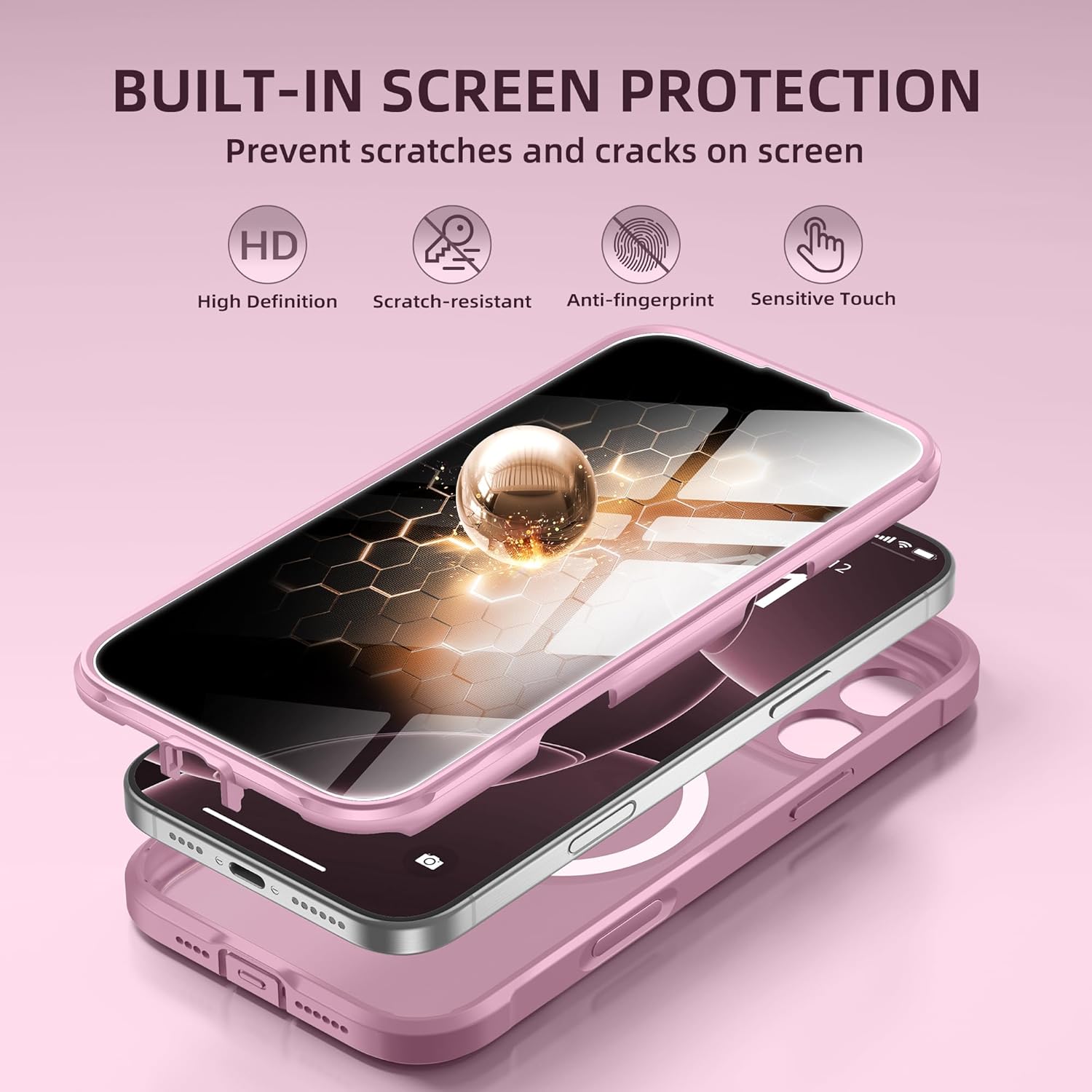 BERFY for iPhone 16 Pro Case, Compatible with MagSafe, Built-in Privacy Screen Protector and Camera Protection, Anti-Spy Full Body Shockproof Matte Phone Case for 16 Pro 6.3", Palevioletred - Image 4