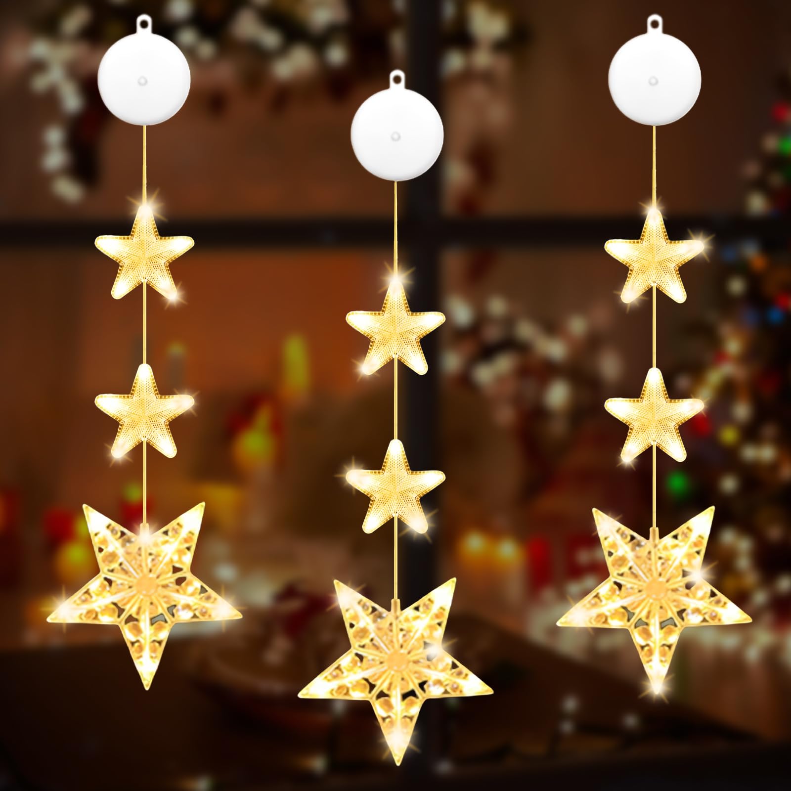 IWTBNOA Luces LED navideñas para ventanas, 3 unidades, decoración de ventana LED con ventosas, estrellas LED para decoración de Navidad, ventanas, habitaciones, balcón, fiesta, interior y exterior