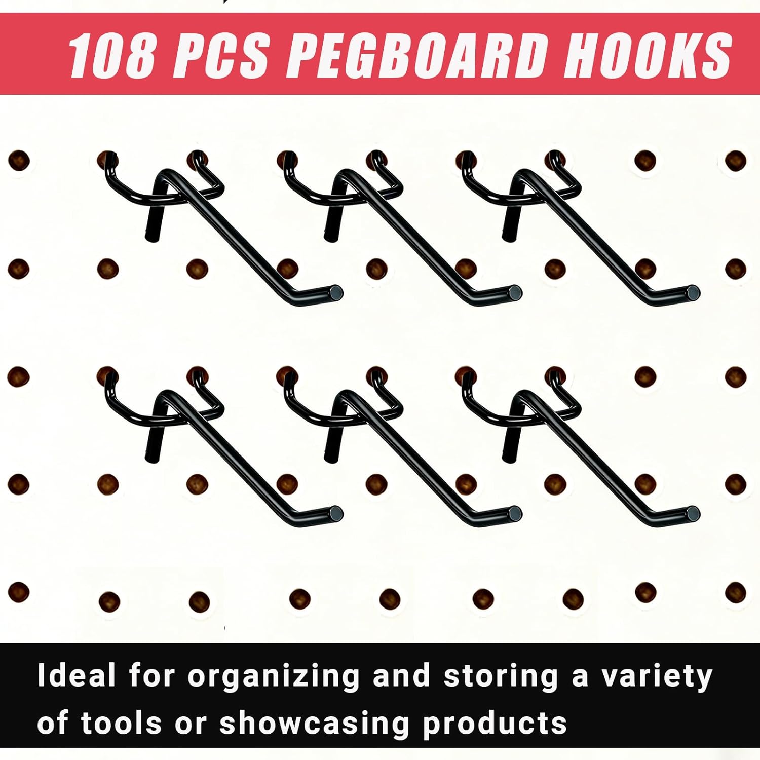 108 Pcs Peg Board Shelving Hooks 4 Inch Wall Display Hooks Bulk Black Stainless Steel Hanging Board Pegs for 1/4 1/8 Garage Storage Organizer Accessories