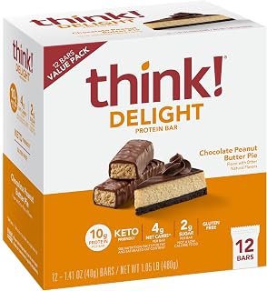 think! Delight, Keto Protein Bars, Healthy Low Carb, Gluten Free Snack - Chocolate Peanut Butter Pie, 12 Count (Packaging May Vary)