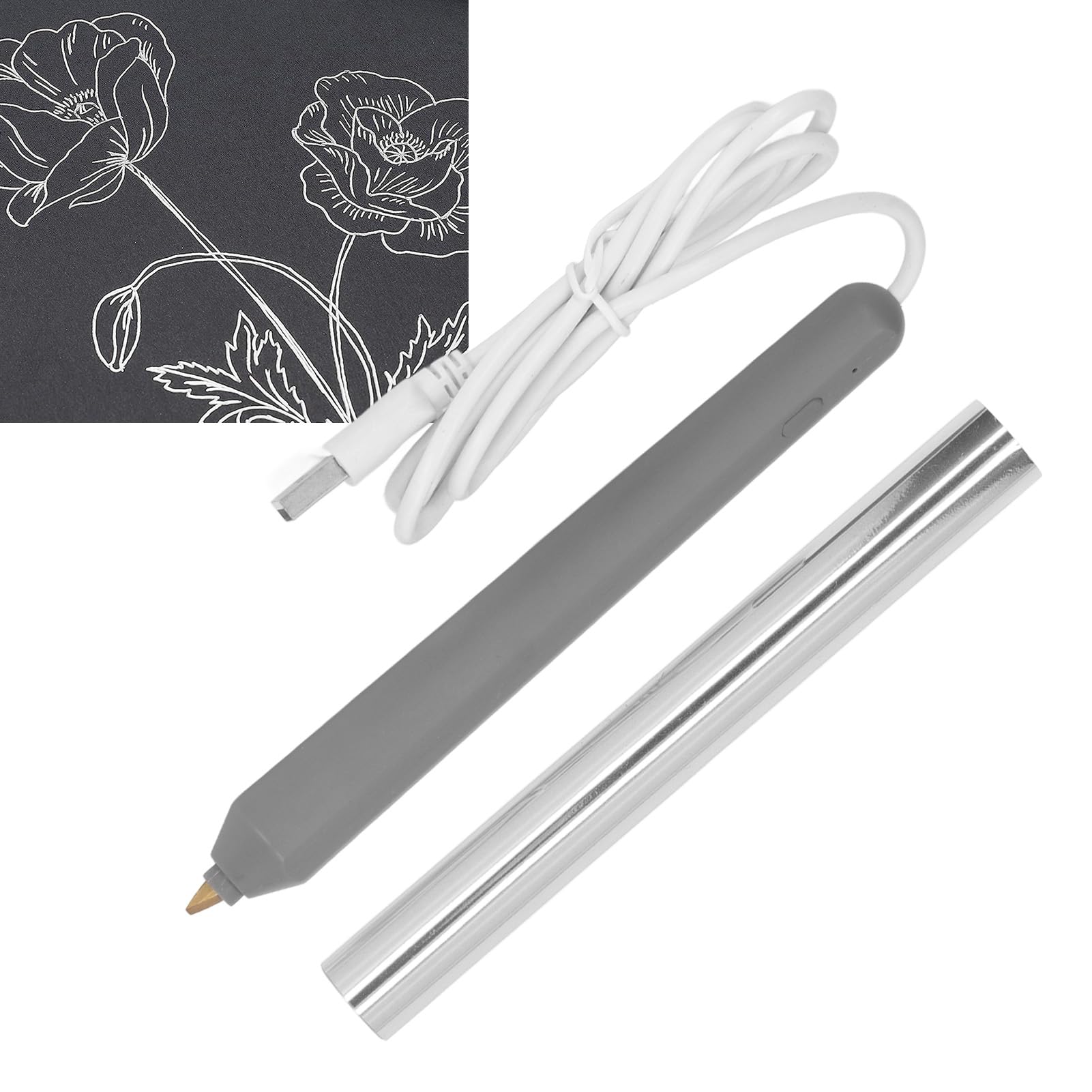 Długopis z gorącą folią, Długopis z folią termiczną ABS USB z 4 Końcówkami Pióra do Tłoczenia i Wytłaczania Folii, Narzędzie do Pisania z cienką końcówką Rękodzieła na Papierze (SILVER)