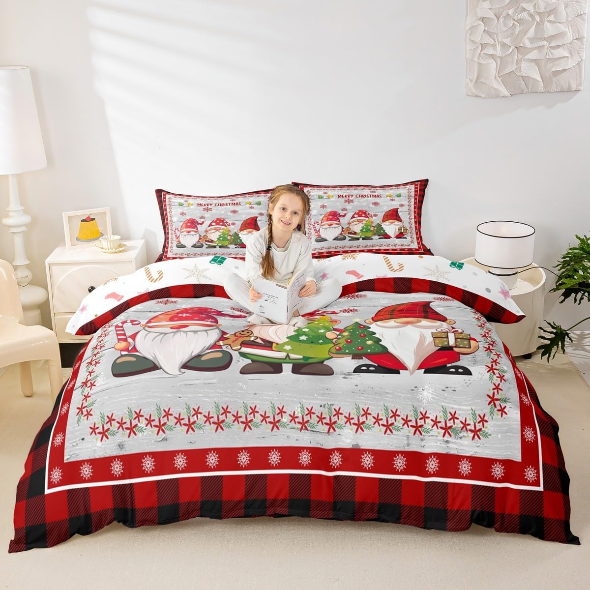 Merry Christmas Kids Duvet Cover Set Full Size,Cute Gnomes Snowflake Romantic Bedding Set,Girls Boys Adults Room/Cabin Decor,Geometric Grids Retro Comforter Cover,Rustic Quilt Cover,2 Pillowcases