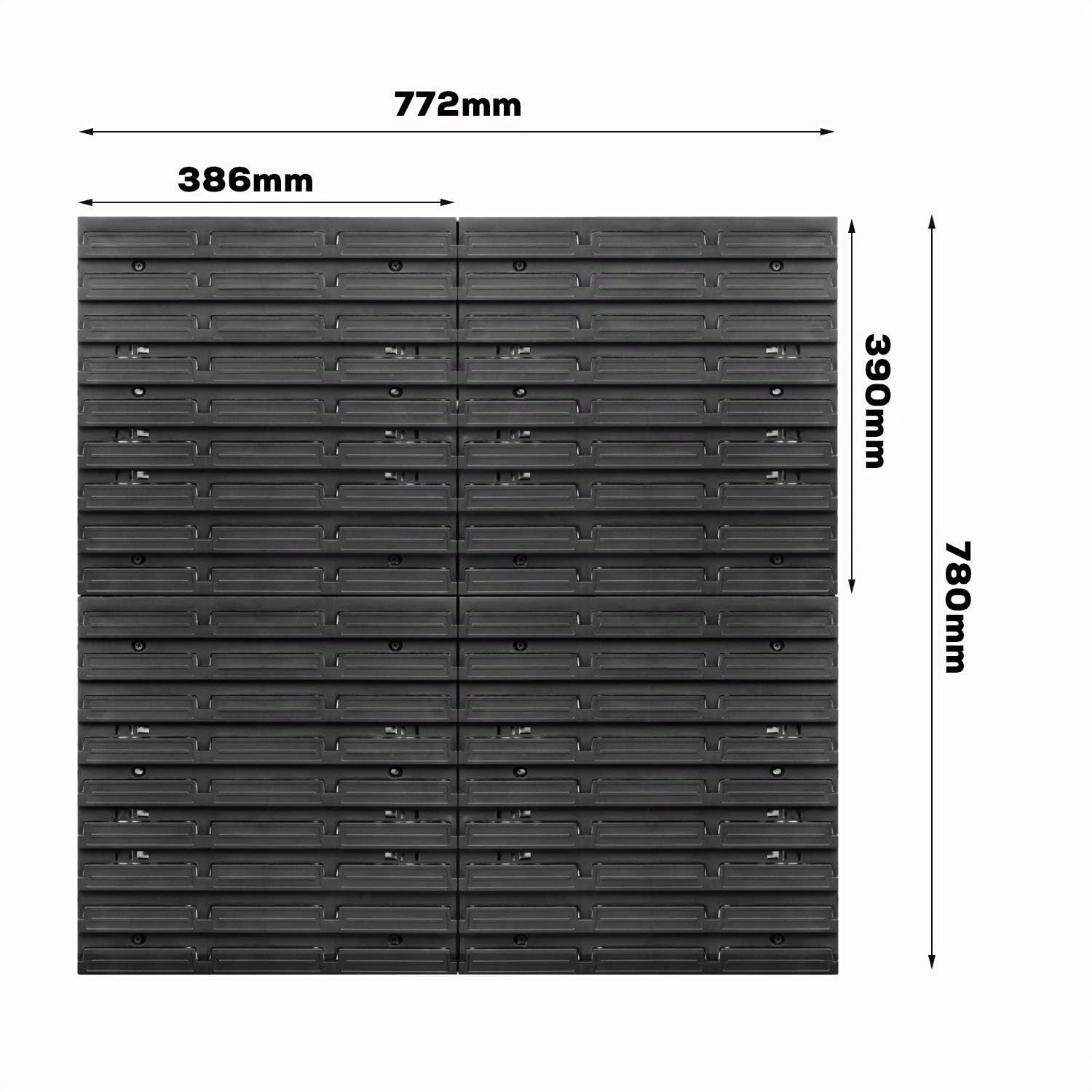 Sistema di stoccaggio da parete 770 x 780 mm, 82 pezzi, scatole impilabili, pannelli extra forti, scaffali espandibili e da officina