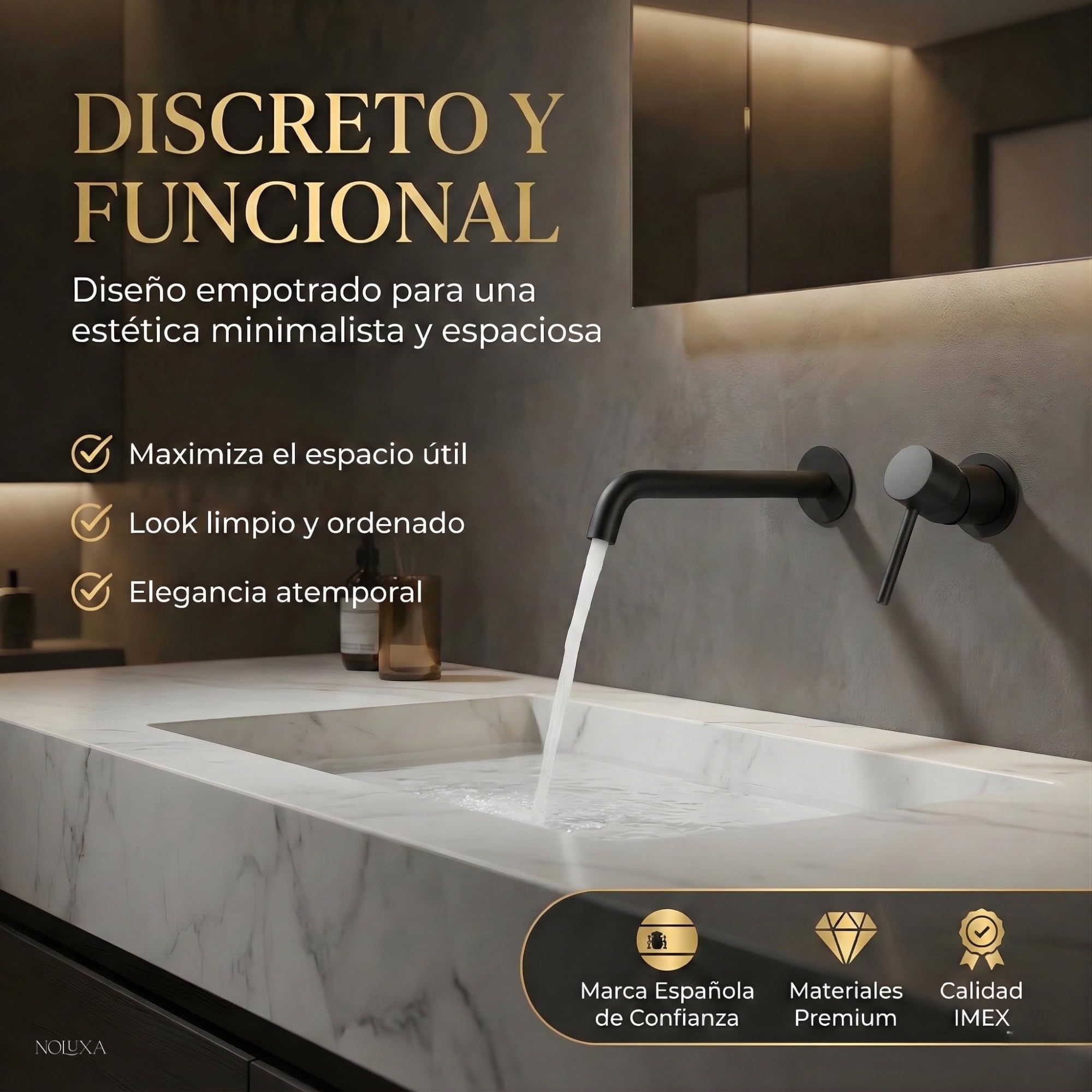IMEX - Robinet Lavabo Noir Encastré | Robinet Encastré Salle de Bain avec Eau Froide et Chaude | Robinetterie Monocommande Lavabo Mur avec Économie D'Eau | Série Monza | Couleur Noir Mat