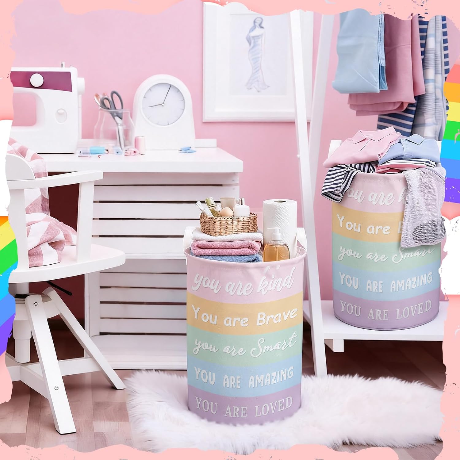 AceOrbit 2 Pcs 19.7 Inch Laundry Hamper Collapsible Laundry Basket Nursery Hamper Toy Organizer for College Dorms Bedroom Bathroom Dirty Clothes(Inspirational)