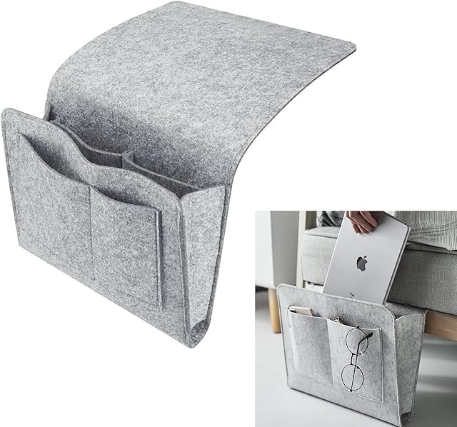 Bedside Storage Pocket, Felt Bedside Hanging Storage Organizer Bag Anti-Slip for Organizing Books Accessories and More Small Something, Suitable for All Types of Beds and Sofas (grey)