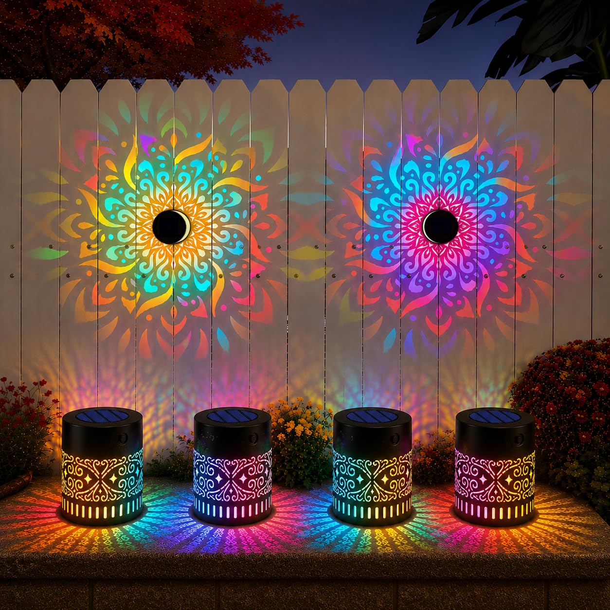 Solar Mandala Wall Light Outdoor Garden Fence Projector Lamp - Waterproof LED Mandala Projection Light for Patio Yard Backyard Decor - 7 Colour Changing Metal Projector Wall Light (4 pcs)