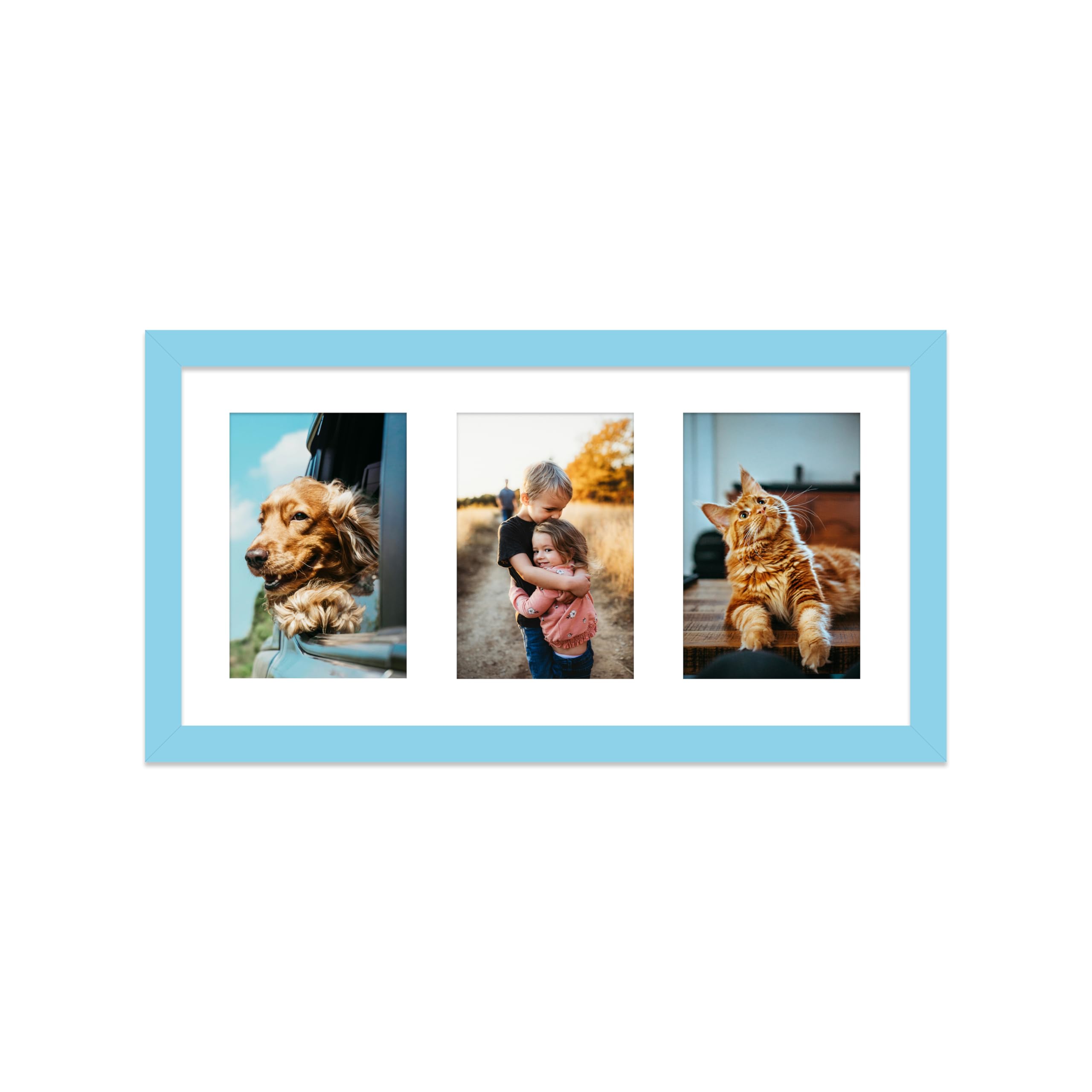 Light Blue Multi Photo Frame - Holds 3 x 6x4 Pictures, Family Collage Picture Frame for Wall Display, 8x16 Panoramic Frame Size, Pack of 1