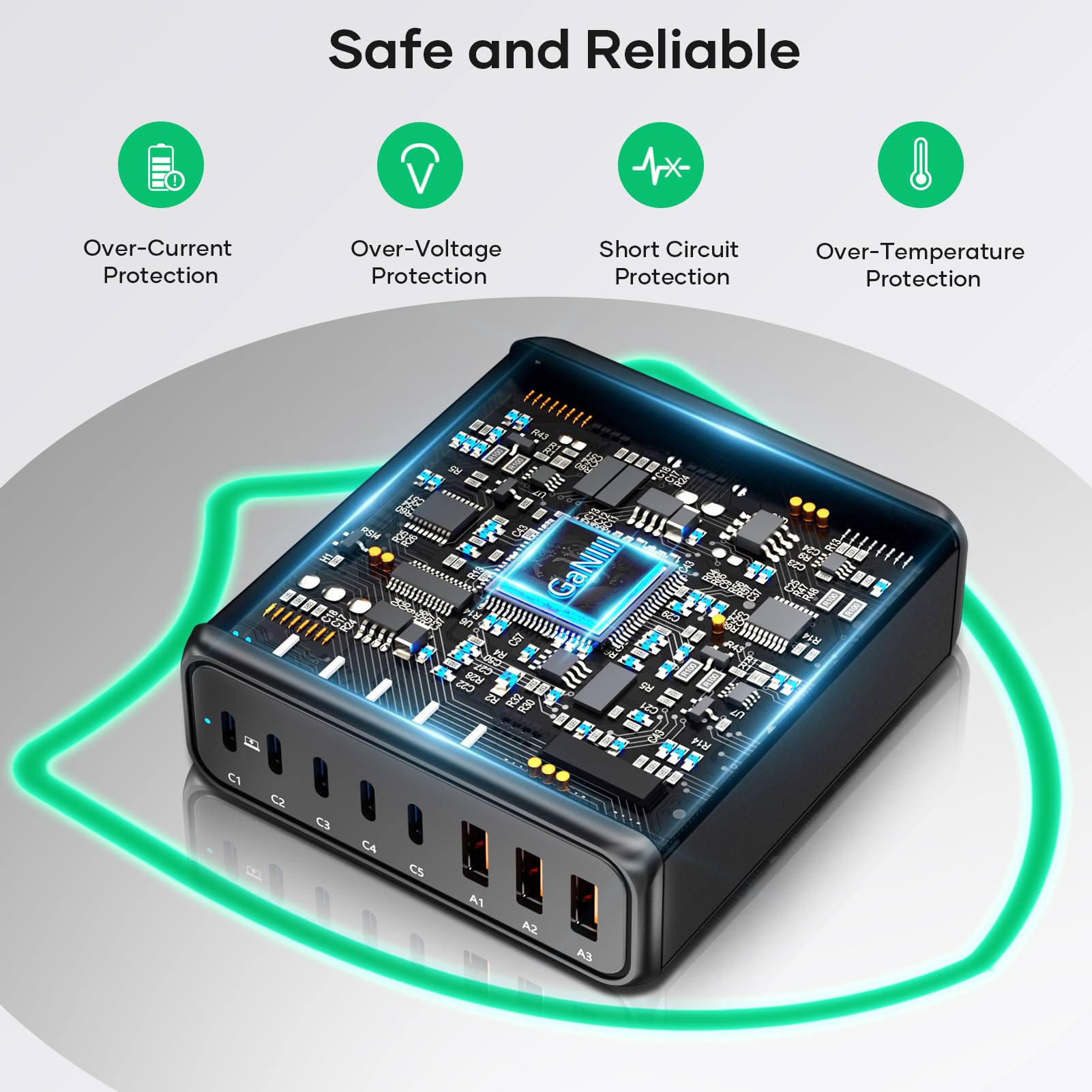 Caricatore USB C, 143W 8 Porte USB C Stazione di Ricarica Multiplo con 5 Type-C e 3 USB A, Caricatore Rapido USB C Alimentatore per i Pad, i Phone15 14 13 Pro Max MacBook Pro/Air e Samsung Android