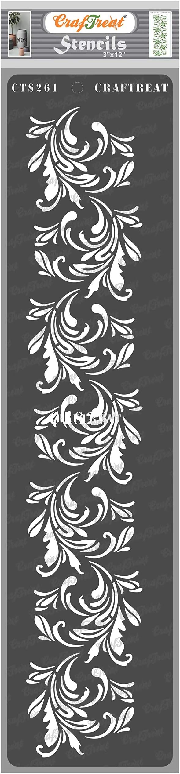 CrafTreat Floral Border Stencils for Painting on Canvas, Wood, Wall Art, Journal Notebook, Wallpaper and Home Decor - Flower Leaf Rangoli Border Stencil - 3x12 Inches - Diwali Rangoli Floor Decoration