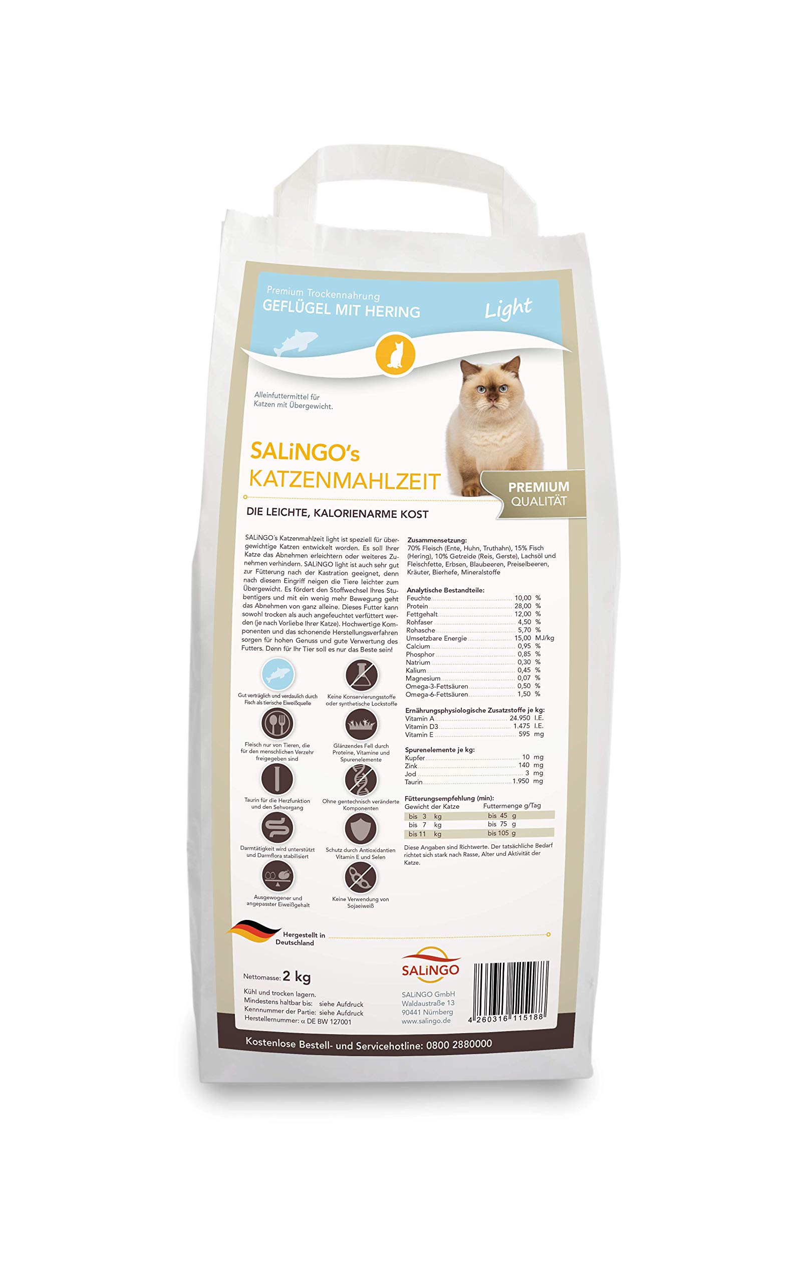 SALiNGO Katzenfutter trocken, Geflügel und Hering Light, Diätfutter für übergewichtige Katzen (2x2kg)