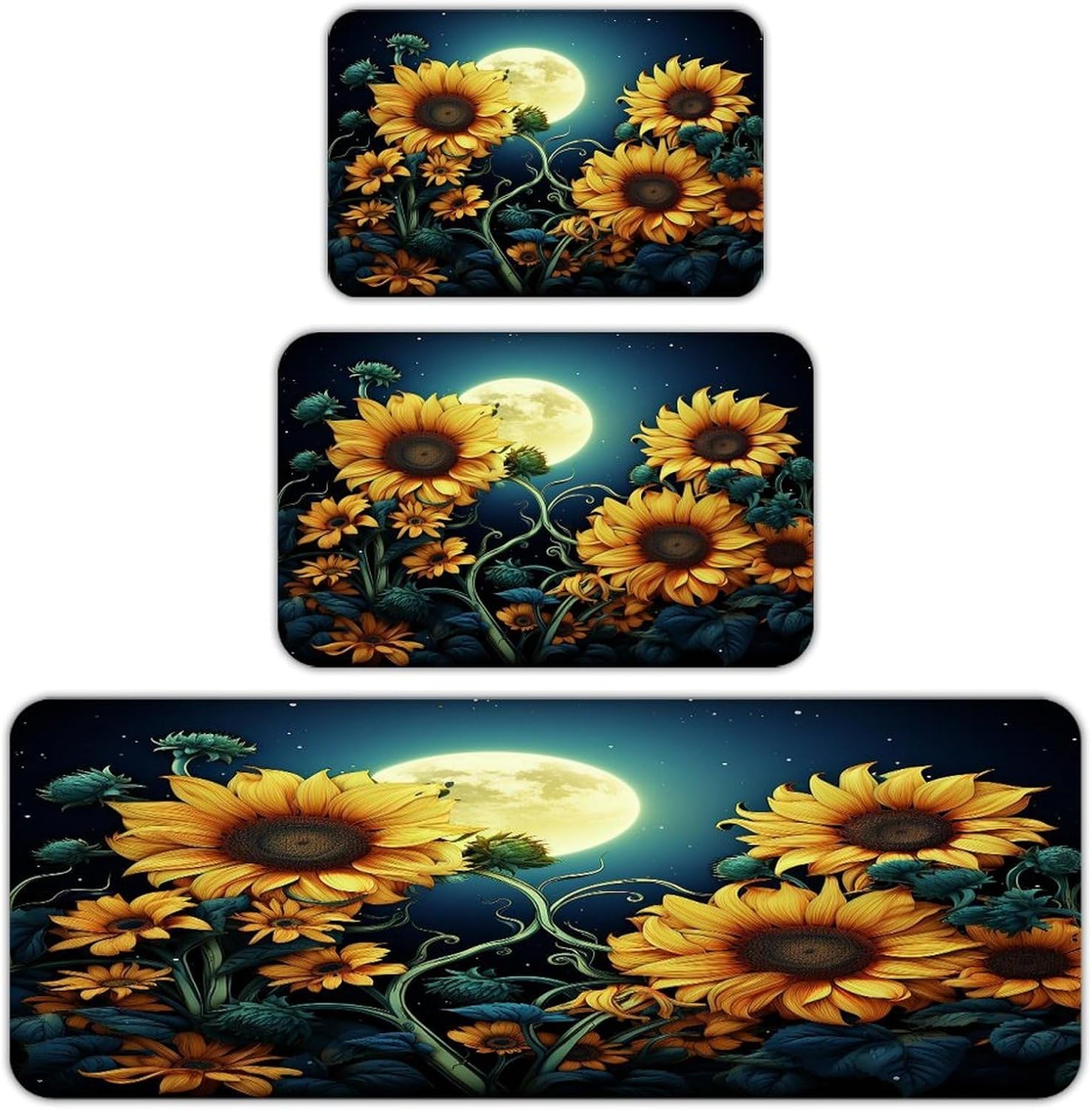 Moonlight Sunflower Pattern Kitchen Mat Set of 3 Waterproof Floor Mats Non-Slip Kitchen Rugs Premium Flannel Rug Heavy Duty Standing Mat for Kitchen Home Bathroom Laundry