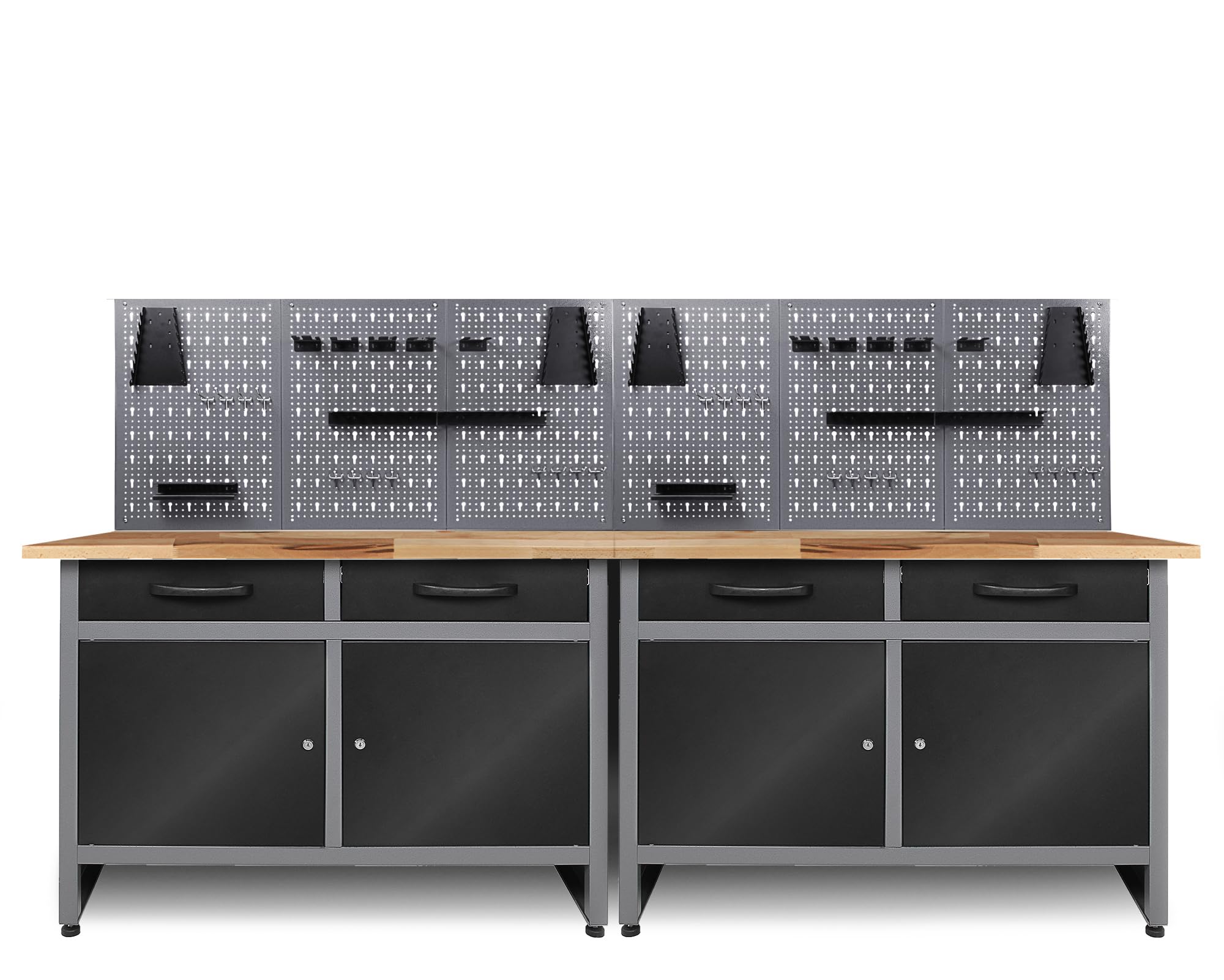 Ondis24 Werkstatt Set Werner 240 cm mit 2 Werkbänken, 6 Lochwänden & 22-teiligem Haken-Set – Massive Werkbank aus Stahl mit Buchenholzplatte, Schubladen & Schrankfächern – Werkstatteinrichtung