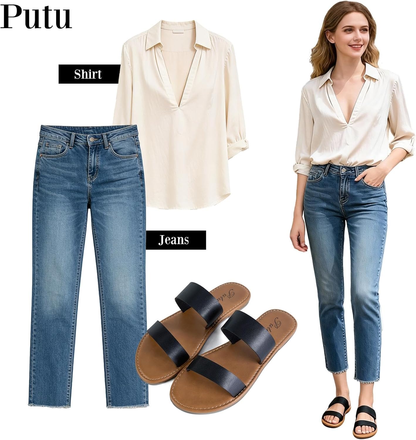 Putu Women's Two Strap Flat Sandals Casual Slide Sandals Slip on Summer Sandals - Image 7