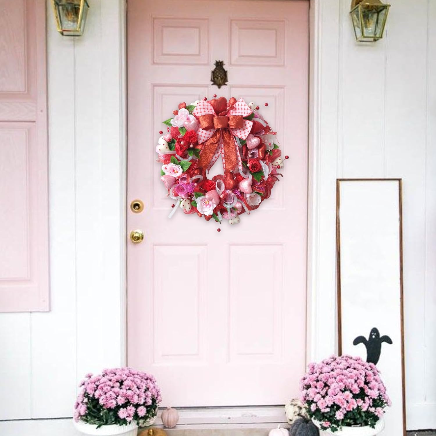 TEMPUS 18 Inch Pink Red Mesh Wreath with 3D Heart Valentine's Day Bow for Front Door Decorations - Image 7