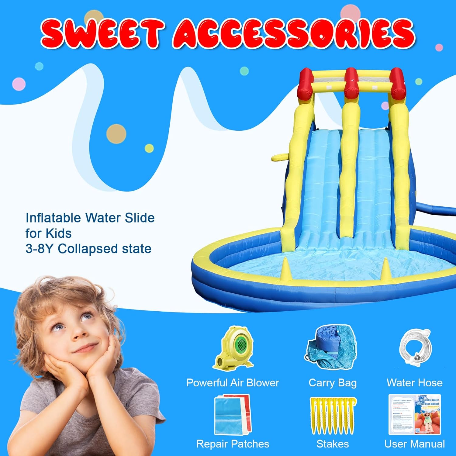 Inflatable Water Double Slides Big, Water Slide for Big Kids Backyard 3-8Y, with Climbing Wall, Water Pipe, Ground Stakes, Basketball, Carry Bag, Heavy Duty UL Blower, Quick Set Up(Dry/Wet)