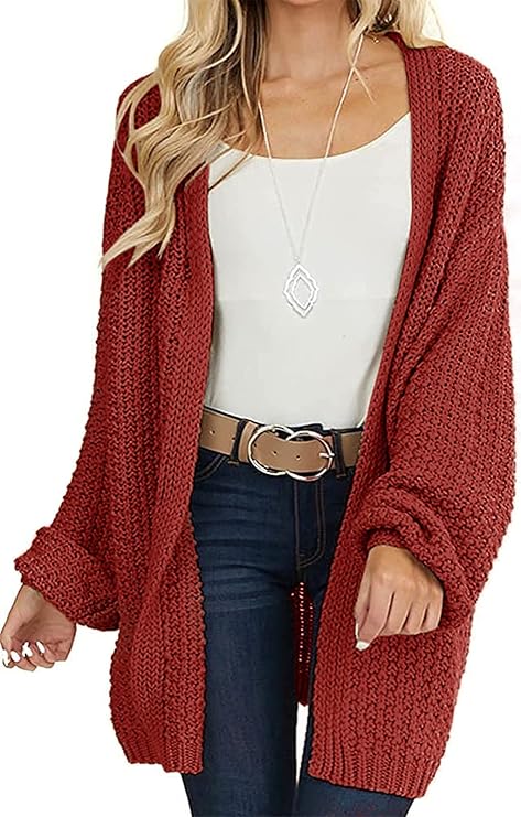 MEROKEETY Women's Open Front Chunky Knit Sweater Oversized Lantern Sleeve Cardigan Outwear
